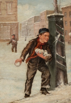 19th Century Genre Painting of Snowball Fight